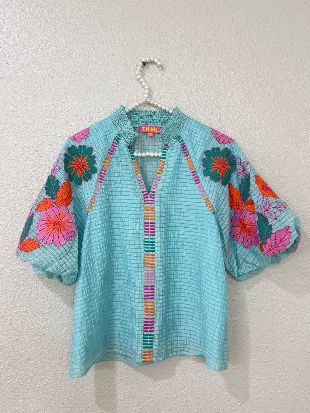 THML PUFF SLEEVE EMBROIDERY DETAIL STRIPED TOP Size S - Picture 2 of 8